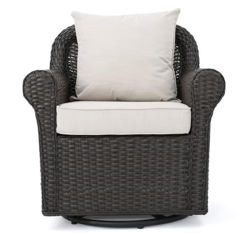 Noble House Amaya Outdoor Dark Brown Wicker Swivel Rocking Chair Set with Beige Cushions (Set of 2)