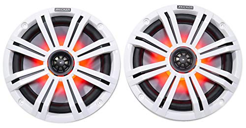 KICKER Waterproof Speakers Bundle with Marine RCA Cable, Amp Wire Kit & Mic White