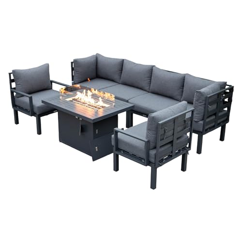 LeisureMod Chelsea Outdoor Patio 7-Piece Conversation Set with Fire Pit Table Black