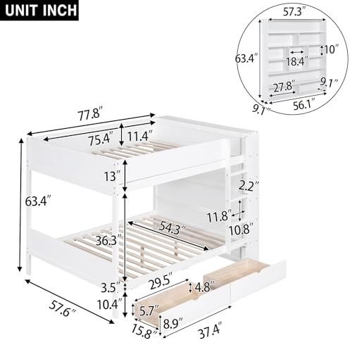 Brisca Full Over Full Bunk Bed with Storage Drawers and Cabinet White