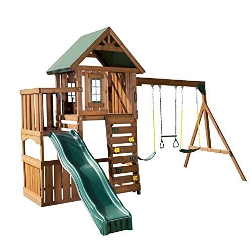 Swing-N-Slide Elkhorn Swing Set with Slide, Climbing Wall & Swings Wood
