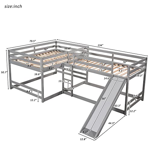 Jintop L-Shaped Bunk Bed with Slide & Ladder Grey