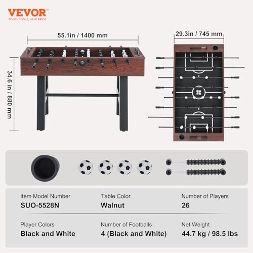 VEVOR Foosball Table 55-inch Standard Size Indoor Full Size Soccer with Foosball Table Set Walnut