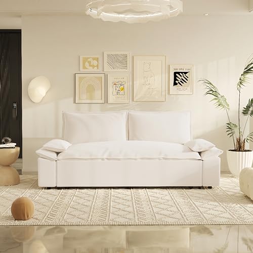 KEIKI 3-in-1 Convertible Sleeper Sofa Velvet Loveseat Bed Queen with Pillows Beige