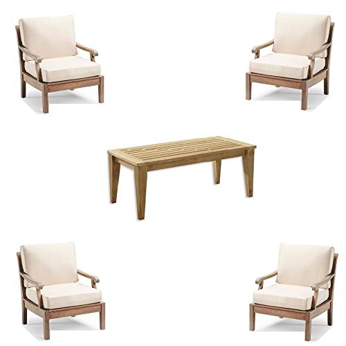 WholesaleTeak Sack 5 Pc Lounge Chair Set with Cushions - 4 Lounge Chairs & Coffee Table, Canvas White