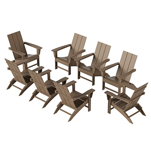 WestinTrends Ashore 8-Piece Modern Poly Folding Adirondack Chair Set Weathered Wood