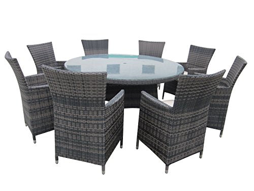 SMU 9 Piece Wicker Patio Round Dining Set Taupe