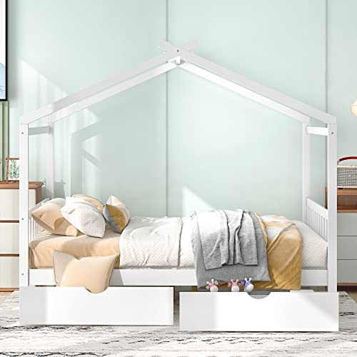 Merax Full Size Platform Bed Frame with Drawers White