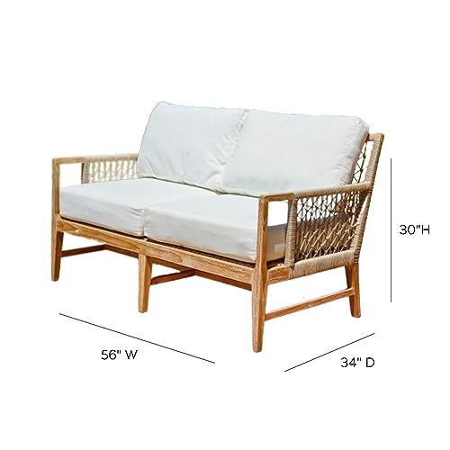 Posh Pollen Premium Grade-A Teak Wood Outdoor Loveseat Sofa with Woven Rope White