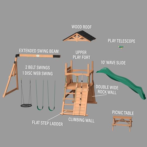 Backyard Discovery Endeavor II Cedar Swing Set Playset Green Wave Slide