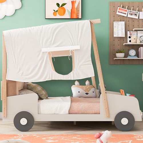 YOPTO Kids Car-Shaped Floor Bed with LED Lights & Magazine Holder Natural