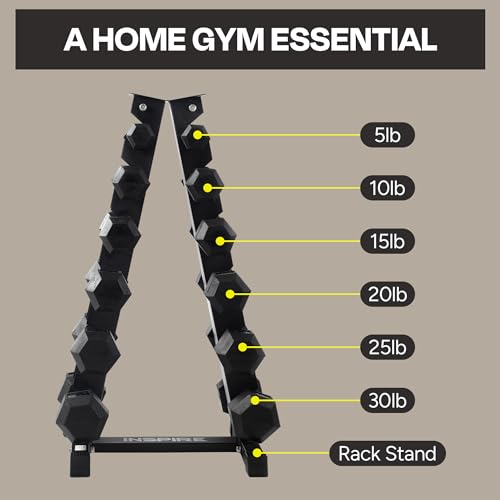 Inspire Fitness 210 lb Rubber Dumbbell Set with Rack Black