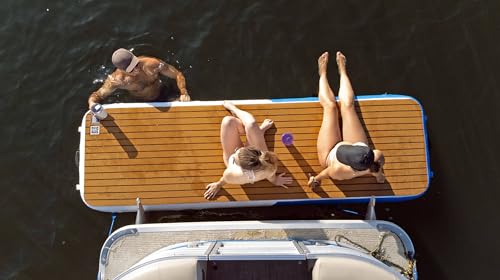 Inflatable Sport Boats Mini Mate Yacht Dock 10' x 3' Inflatable Water Platform White and Blue with Teak Foam Non-slip Top