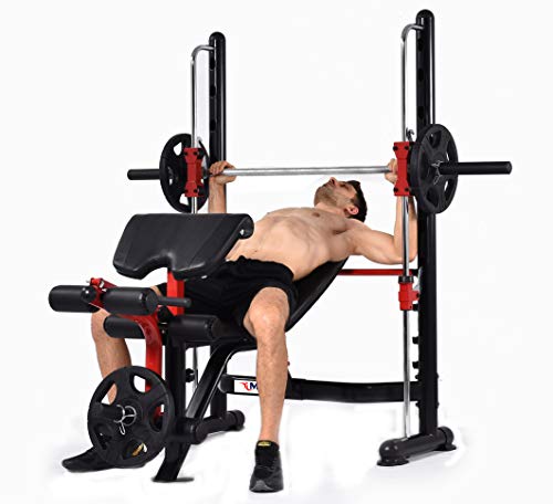 MiM USA Adjustable Olympic Weight Bench Press Set with Leg Extension, Preacher Curl, Squat Rack w/Smith Structure - Black Red