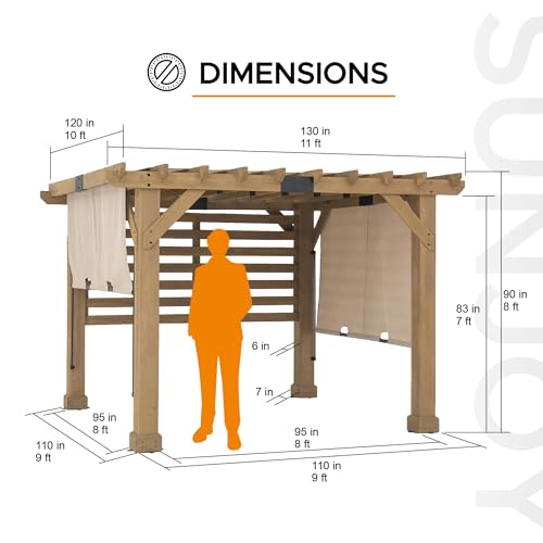 SummerCove Sunjoy Cedar Pergola 10x11 ft with Adjustable Canopy and Privacy Screen Tan