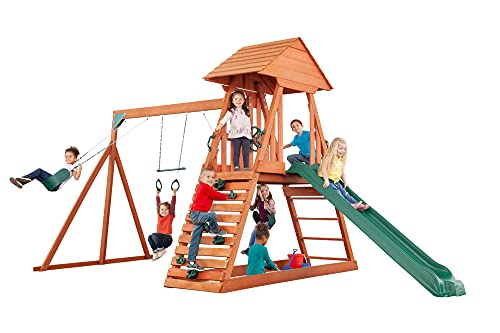 CREATIVE CEDAR DESIGNS Cedar Chalet Wooden Backyard Playset with Swings & Slide