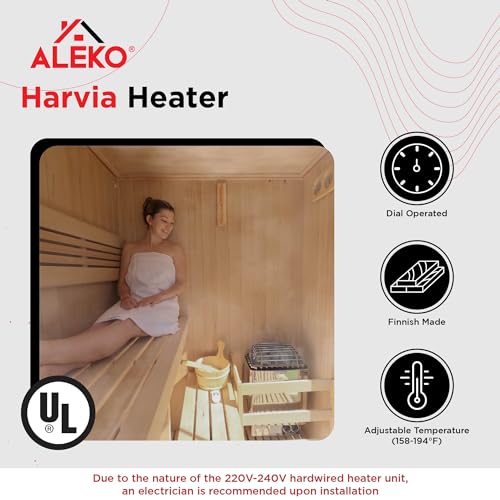 ALEKO Traditional Indoor Sauna Canadian Hemlock Wood 5-6 Person LED Lights Wet Steam Dry Sauna UL Certified 6kW Harvia Sauna Heater SEA5JIU