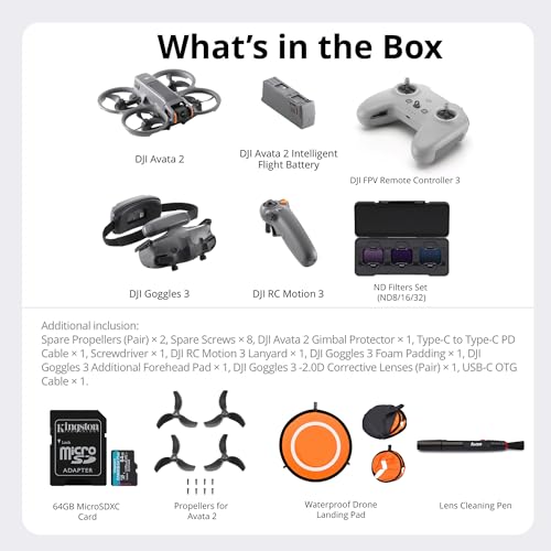 DJI Avata 2 Fly More Combo with FPV Remote, ND Filters, Extra Propellers, 64GB MicroSD, Landing Pad Bundle