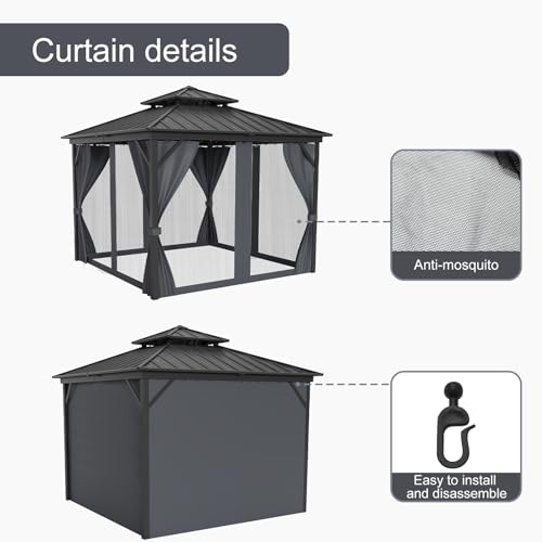 GarveeLife 12x12FT Hardtop Gazebo Galvanized Steel Double Roof with Curtain and Netting Gray