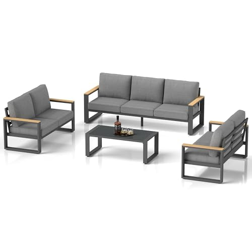RoyalCraft Aluminum Outdoor Patio Furniture Set with Height-Adjustable Footrest, 7-Seats, Coffee Table, Modern Conversation Set Grey