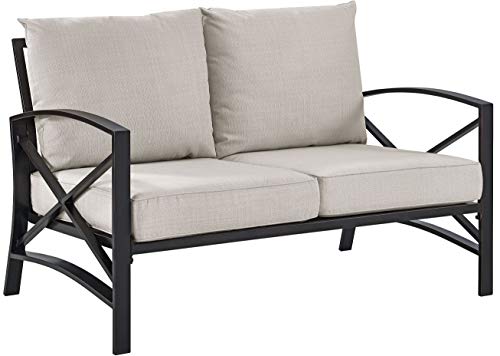 Crosley Furniture Kaplan 3-Piece Outdoor Loveseat Patio Furniture Set Oiled Bronze with Oatmeal Cushions
