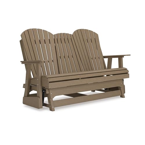 Benzara 67 Inch Outdoor Adirondack Glider Loveseat with Dropdown Cupholders Brown