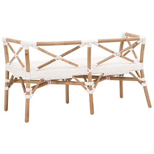 Benzara Benjara Kelly 52 Inch Accent Bench Handwoven Crossed Rattan White and Brown