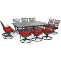 Hanover Traditions 11-Piece Modern Outdoor Dining Set with Rust Resistant Cast Aluminum Table and 10 Red Swivel Rocker Chairs