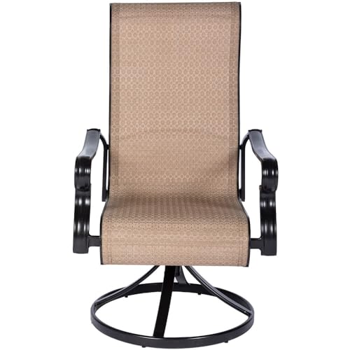 Hanover Brigantine 7-Piece Modern Outdoor Dining Set with 6 Sling Swivel Rocker Chairs and Expandable Cast-Top Table Tan