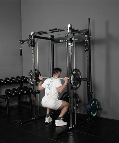 EonfitOmni Smith Machine Squat Rack Cable Crossover Pulley System Home Gym Equipment Black with Red Bench