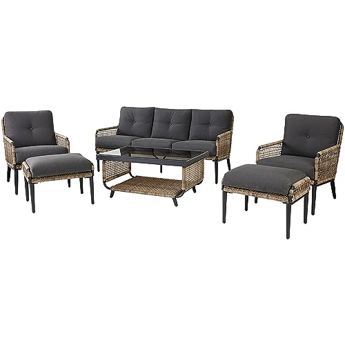 Hanover Sedona Outdoor 6-Piece Conversation Set Wicker Patio Furniture Charcoal/Tan