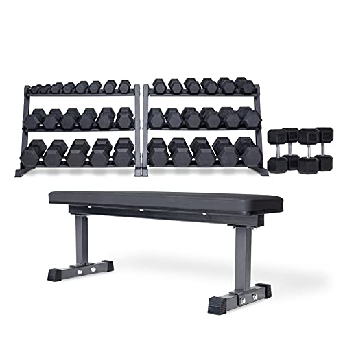 REP Fitness Rubber Hex Dumbbell Set with Rack and Flat Bench OptionE: 5-100withFlat