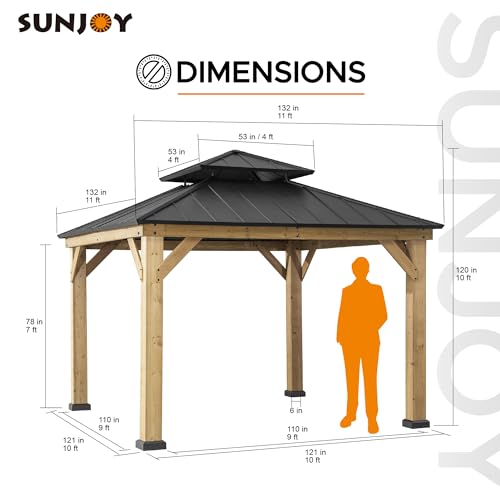 Sunjoy 11x11 ft. Wood Gazebo with Black Steel Hardtop Roof and Natural Wood Frame