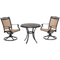 Hanover Fontana 3-Piece Bistro Set with Tan PVC Sling Swivel Rocker Chairs and 32" Round Cast-Top Table
