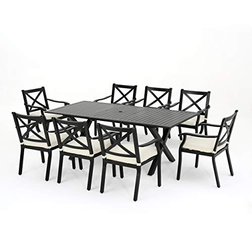 Christopher Knight Home Exuma 9-Pc Outdoor Cast Aluminum Dining Set with Expandable Table and Water Resistant Cushions Black/Ivory