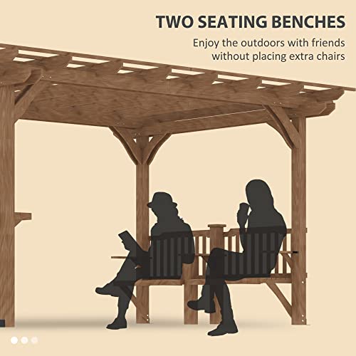 Outsunny 14' x 10' Outdoor Pergola Wooden Grill Gazebo with Bar Counters and Seating Benches Brown