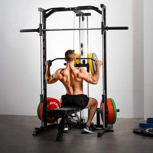 RitFit Smith Machine Power Rack with LAT-Pull Down System, Landmine, Barbell Bar, Plate Storage Pegs Black