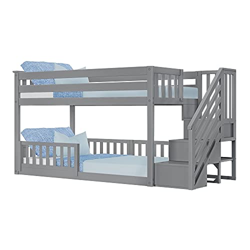 Max & Lily Twin/Twin Low Bunk Bed with Stairs and Guard Rails Grey