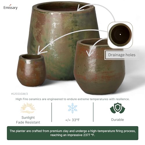 Emissary 21in Green Wash Stoneware Round Planters - Set of 3