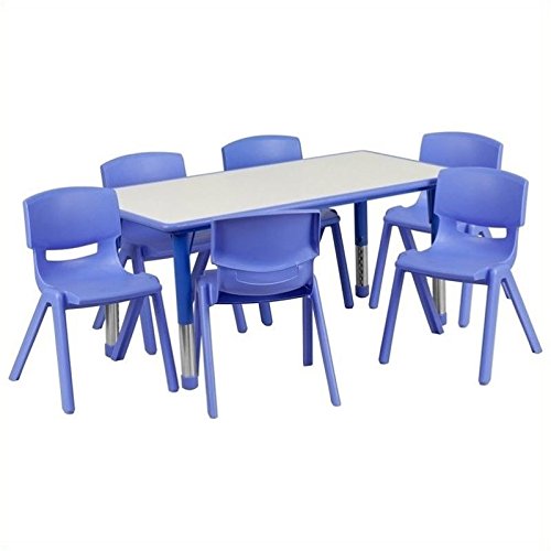 Pemberly Row Plastic Activity Table Set with 6 Blue School Stacking Chairs