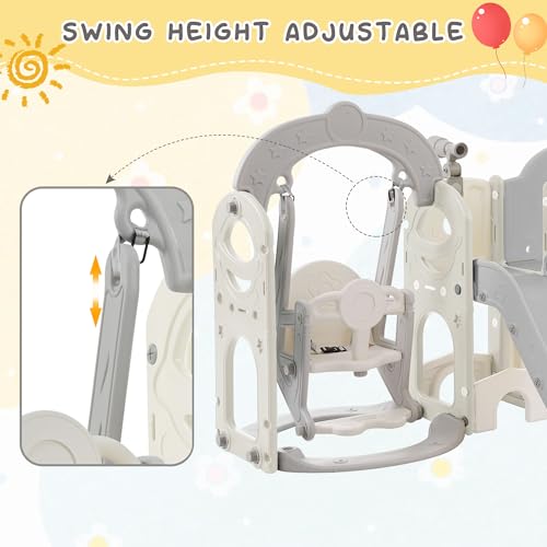 CUAUC 7-in-1 Toddler Slide & Swing Set with Basketball Hoop Grey+White