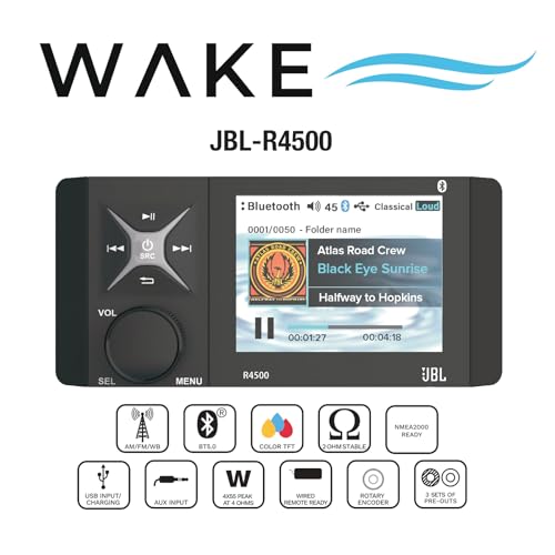 Enrock Marine JBL Wake Series R4500 Marine USB Bluetooth Radio Receiver with Speakers Gray