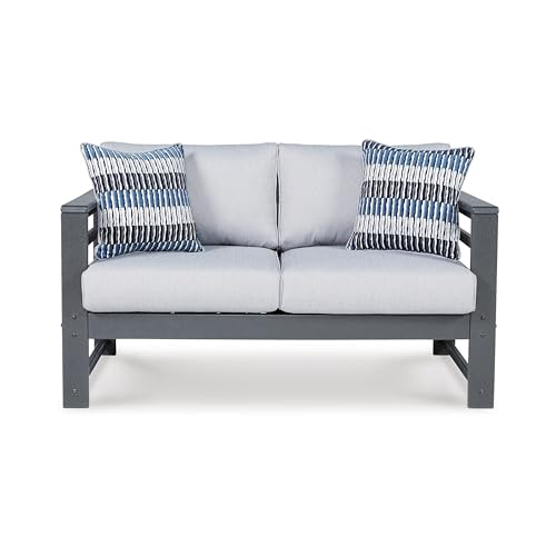 Benzara 55 Inch Outdoor Loveseat Gray Frame Cushioned Seat with 2 Throw Pillows Grey