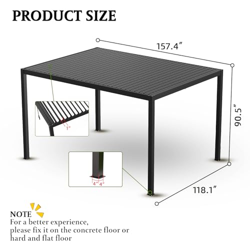 Kaimei 10x13FT Aluminum Pergola with Adjustable Louvered Roof Black