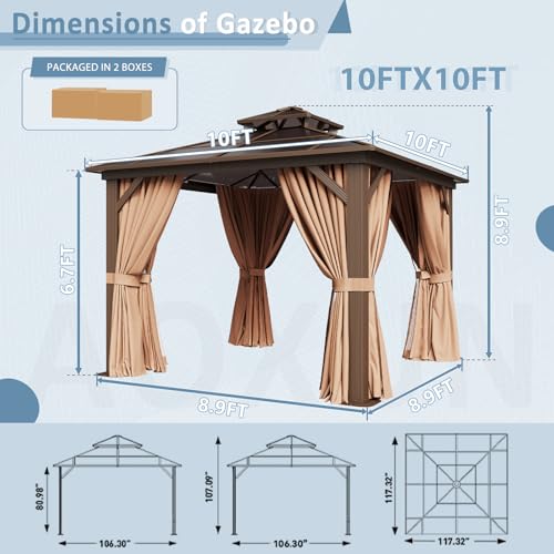 Aoxun 10'x10' Hardtop Gazebo with Netting and Curtains Brown