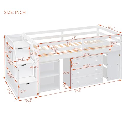 RORIGAT Twin Size Loft Bed with Desk, Storage Stairs & Shelves, White