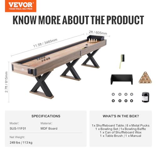 VEVOR Shuffleboard Table 11.5 ft 2-in-1 Combo Game Set Black + Brown