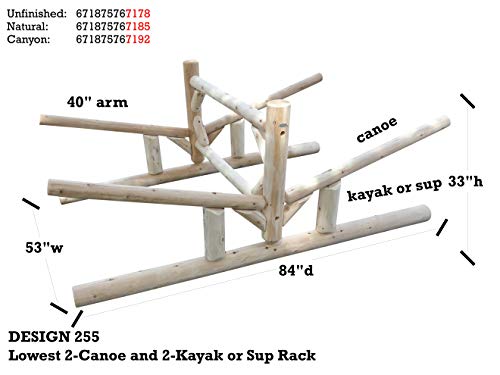 Log Kayak Rack 2-Canoe + 2-Kayak/SUP Storage Unfinished