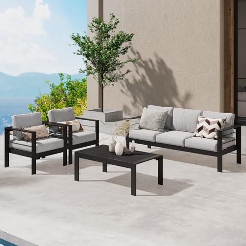 Wisteria Lane Aluminum Outdoor Patio Furniture Set, 5-Seater Sectional Sofa with Coffee Table, Black Frame and Light Grey Cushions