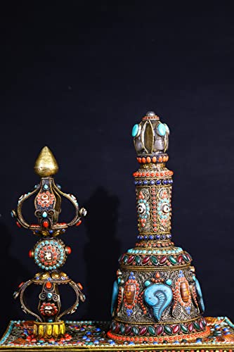 Generic Tibetan Silver Gilt Mosaic Gem Dzi Beads Vajra Rattle Bell Set 17